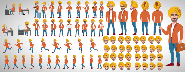 Man Character design. Front, side, back view and explainer animation poses. Character set with lip sync and facial expressions of Happy, angry, sad, Joy with Side walk cycle animation sequence sprite 