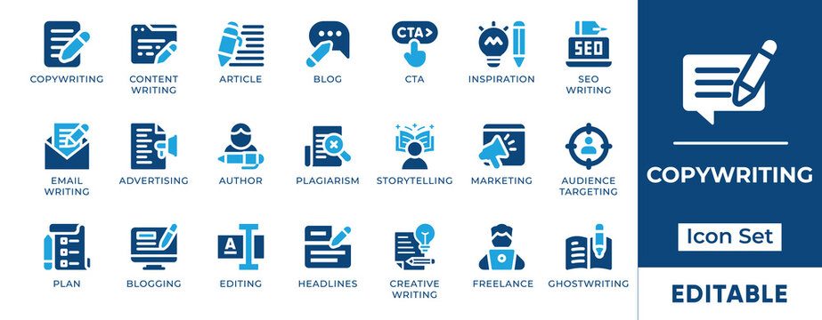 Copywriting Icon Set. Includes icons of headline, icon, plan, storytelling, article, another, inspiration, editing, and illustration. Perfect for blogs, web design, branding, and ad campaigns.