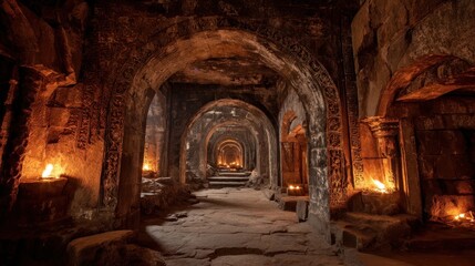 Ancient stone passageway with lit candles