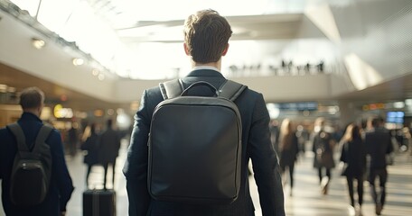 Businessman walking airport terminal.