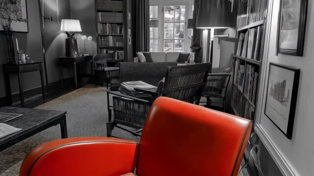Vintage Red Leather Armchair in a Room with Library Bookshelves and Black and White Color Scheme with Window Light