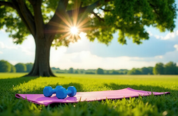 Yoga mat and dumbbells lying in park under tree, sun shining