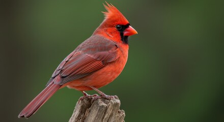 Vibrant red Northern Cardinal bird perched on a log against a green background.
