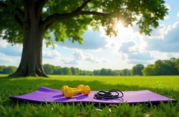 Two yellow dumbbells and a jump rope lying on a purple mat in the park