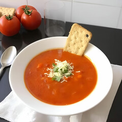 Steaming Tomato Soup Topped With Grated Cheese and Crisp Crackers