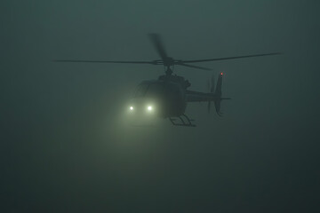 Fototapeta premium A helicopter flies through a dense fog, its headlights cutting through the gloom, with its tail rotor providing directional stability.