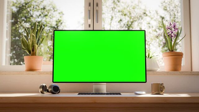 A modern computer monitor with a green screen dynamic smooth zoom out animation, set in a bright, plant-decorated room, perfect for chroma key use and editing purposes. Last 120 frames are looped.