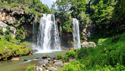 Fototapeta premium Lush waterfall cascading into a tranquil pool.