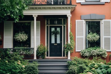 The entrance of this charming house is beautifully adorned with vibrant floral decorations and surrounded by lush greenery, creating a picturesque scene during the bright daylight hours.