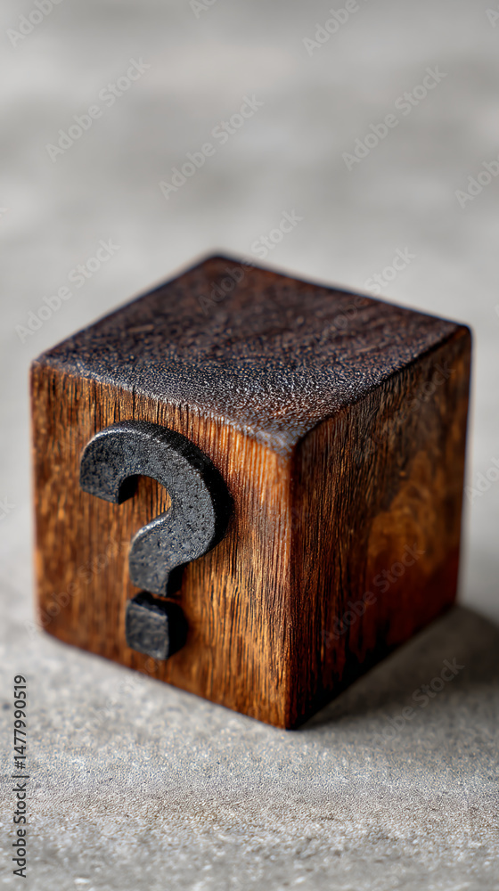 Poster brown wooden cube with a black question mark, on a gray surface, symbolizing inquiry, uncertainty, o