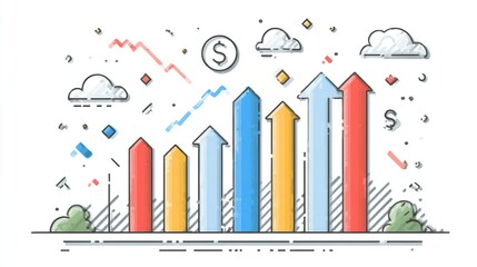 Fototapeta premium Upward Trends and Financial Growth A Colorful Illustration of Success Arrows Graphs and Doll