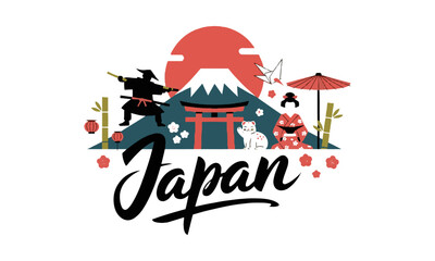 A modern vector-style illustration featuring iconic elements of Japanese culture, easily scalable and editable.