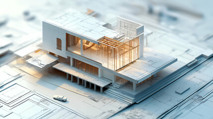 Modern House Architectural Model with Blueprint