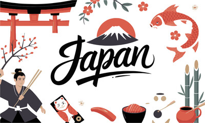 A modern vector-style illustration featuring iconic elements of Japanese culture, easily scalable and editable.