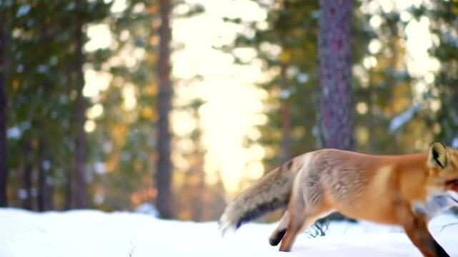 Running Red Fox In Snowy Forest