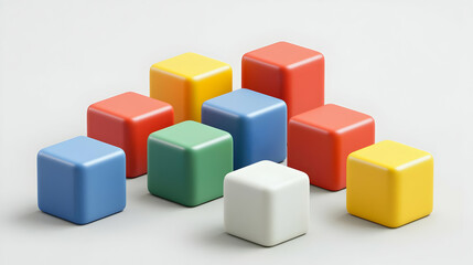 Obraz premium Colorful, geometric blocks in a pyramid-like arrangement on a neutral background. Different shades of vibrant colors, including red, yellow, blue, green, and white. Smooth surfaces and uniform size