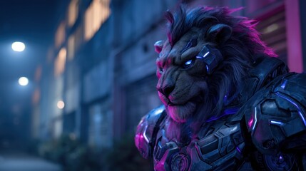 Cyberpunk lion in neon night city