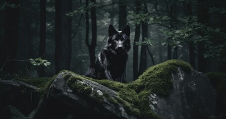 black moody color forest with trees rock leaves grass ,Dark Cinematic Tones , in the middle of the picture is wolf staying on the rock