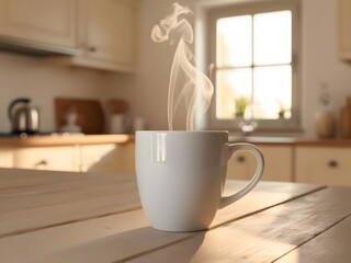 Cozy Morning Coffee with Steam Rising in Bright Kitchen Atmosphere
