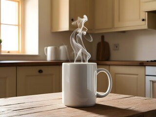 Freshly Brewed Coffee with Steam Rising in Cozy Kitchen Setting