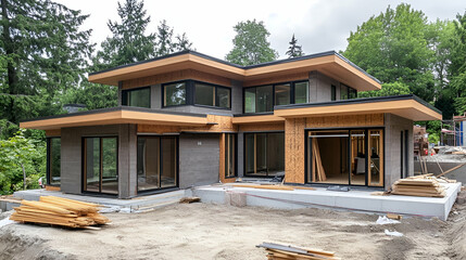 Modern House Under Construction with Grey Concrete and Wood Accents