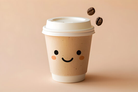 Close-up of a kawaii style paper coffee cup on a light coffee background
