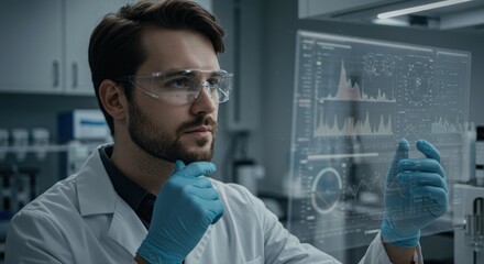 Man in lab coat and safety glasses analyzing data on transparent screen in laboratory.