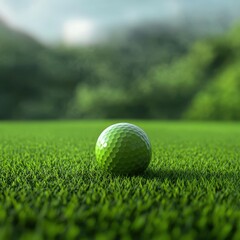 Closeup of a Green Golf Ball on a Lush Green Grassy Golf Course
