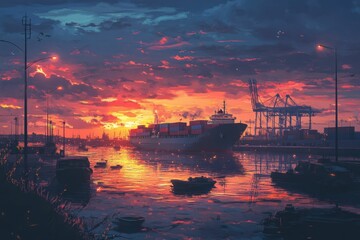 Cargo ship at sunset, harbor reflections, city lights.