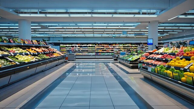 Empty Grocery Store Aisle with Fresh Produce on Display