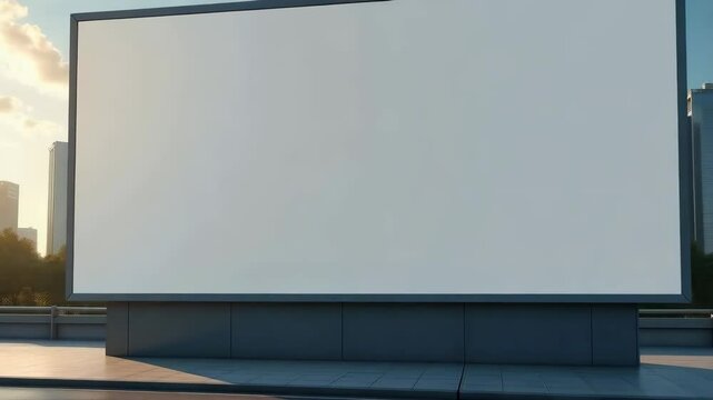 Large empty billboard in an urban environment with modern buildings and a blue sky