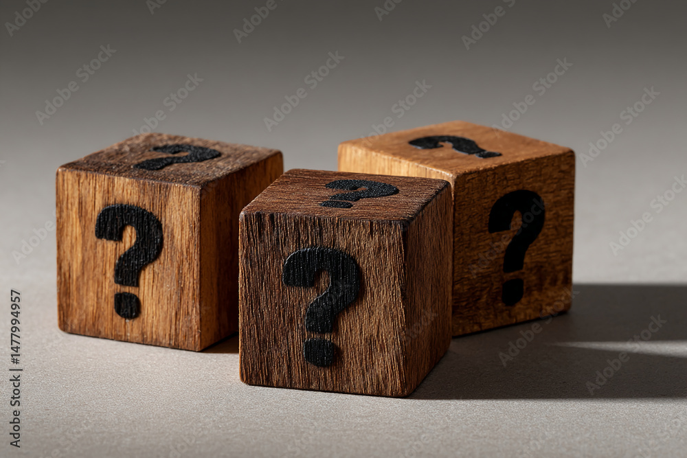 Poster Three dark brown wooden cubes display black question marks, suggesting uncertainty or inquiry, ideal for concepts of problem-solving or decision-making