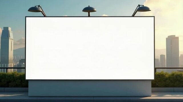 Large empty billboard in an urban environment with modern buildings and a blue sky