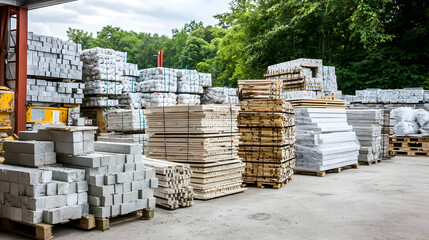Outdoor lumber yard with various construction materials. Stacks of wood, concrete blocks, and other building supplies are neatly arranged on pallets