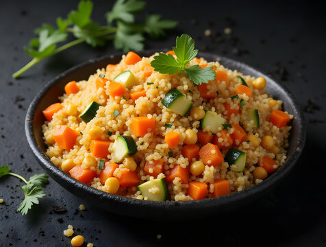 Assiette de couscous aux l&eacute;gumes isol&eacute; sur fond noir 