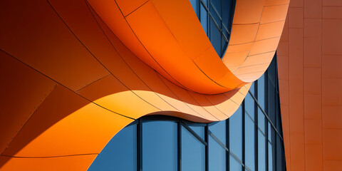 Fototapeta premium Abstract orange architectural detail showcasing curved metallic panels and glass windows, representing modern design, innovation, and urban aesthetics