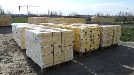 Stacked wooden building materials on pallets outdoors.  Various sizes and types of lumber are visible, neatly organized and ready for delivery or use.  Construction site background