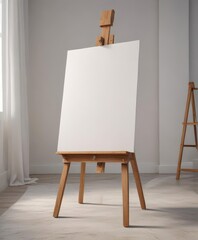 Solid wooden easel base and legs holding a pristine white canvas ,  blank,  support,  object