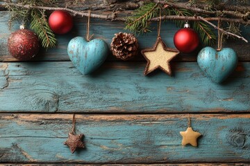 Decorative Christmas ornaments hanging from a natural wooden branch display