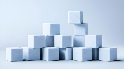 Obraz premium A stack of light blue cubes in a minimalist display. A soft, gentle arrangement of geometric blocks creates a sense of order and calm. The subtle texture of the cubes adds visual interest