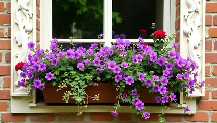 closeup of purple flowers in a window box, window with decorative frames, brick building, overgrown vines, lush foliage