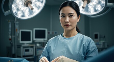 Asian female surgeon performing surgery in a modern operating room with lights.