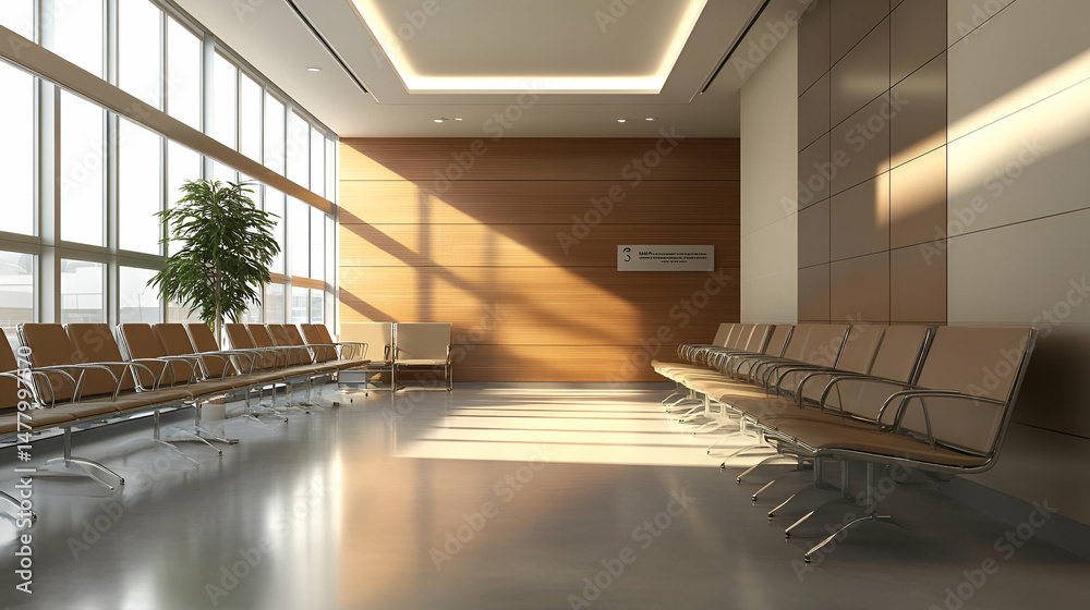 Poster modern minimalist waiting room with sunlight streaming through large windows