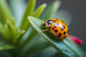 Fototapeta premium Close-up of orange ladybug with black spots on green leaf, showcasing intricate detail and natural beauty, representing nature's delicate artistry and vibrant life