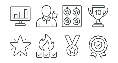 Line style icons of forum reputation and badges: post count chart, helpful user icon, award badge board, milestone trophy, monthly contributor star, answer streak flame, forum loyalty medal, trust