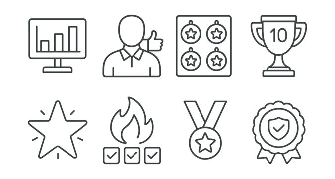 Line style icons of forum reputation and badges: post count chart, helpful user icon, award badge board, milestone trophy, monthly contributor star, answer streak flame, forum loyalty medal, trust