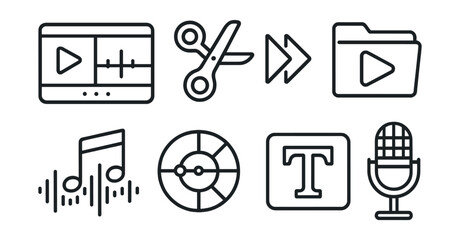 Line style icons of vlog editing tools: timeline edit screen, jump cut symbol, thumbnail preview tag, export video file, background music wave, color correction tool, text overlay box, voice-over mic