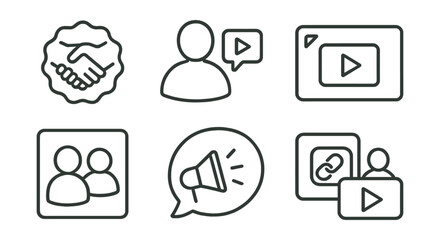 Line style icons of collaboration and networking: collab handshake badge, guest vlogger icon, dual camera setup, feature video tag, creator meetup frame, shoutout bubble, crossover content card,