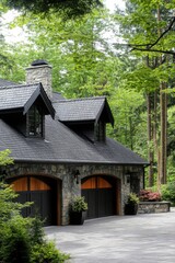 Fototapeta premium Elegant stone house in a serene forest setting with a large driveway showcasing beautiful landscaping and trees during daylight hours
