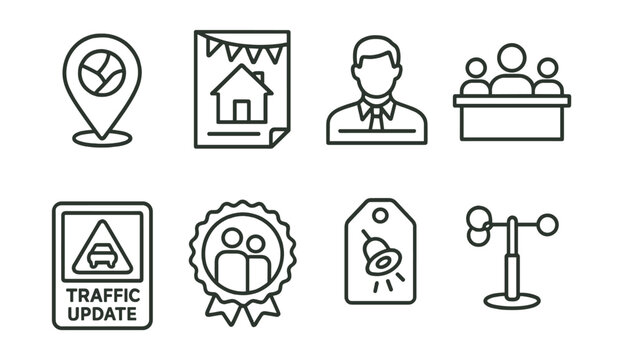 Line style icons of local and regional news: town map pin, neighborhood event flyer, local leader interview, school board meeting icon, traffic update sign, community feature badge, business
